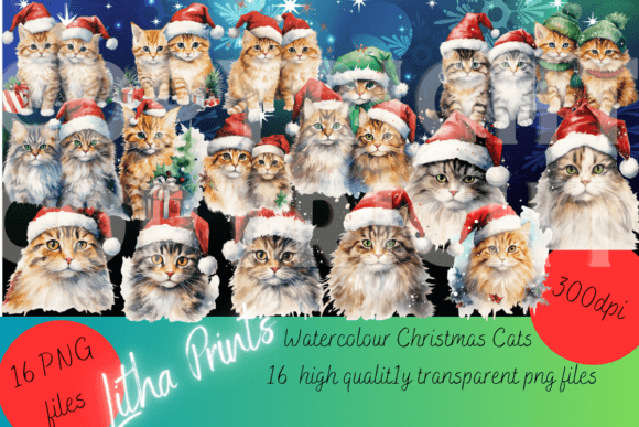 Download Watercolour Christmas Cats - Cat Collection