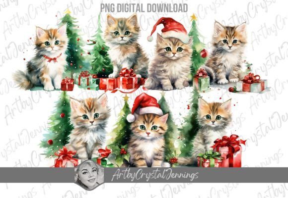 Download Christmas Trees Kittens Watercolor Cat - Cat Collection