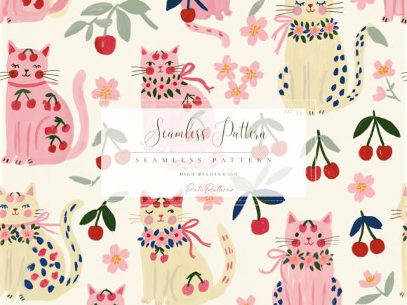Download Cute Cherry Cat Seamless Pattern PNG for Kids - Cat Collection