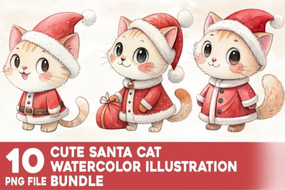 Download Cute Santa Cat Watercolor Bundle - Cat Collection
