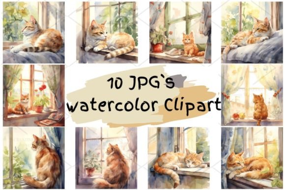 Download Cat Vintage Watercolor Clipart JPG, 1S-8 - Cat Collection