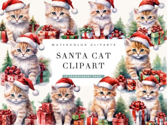 Download Watercolor Santa Cat Clipart - Cat Collection