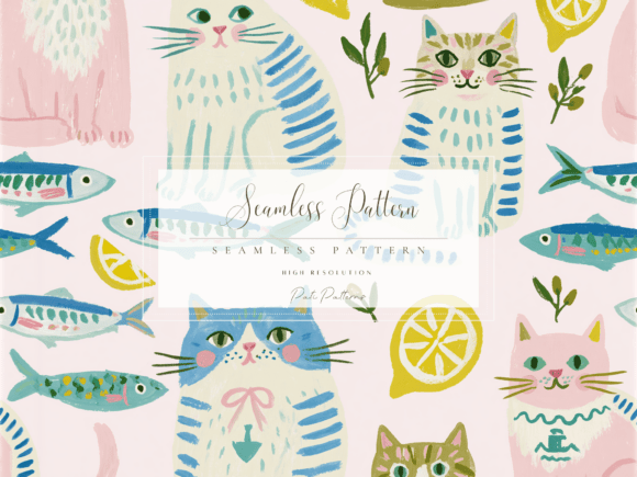 Download Cute Pastel Cat Seamless Pattern with Fish and Lemons - Cat Collection