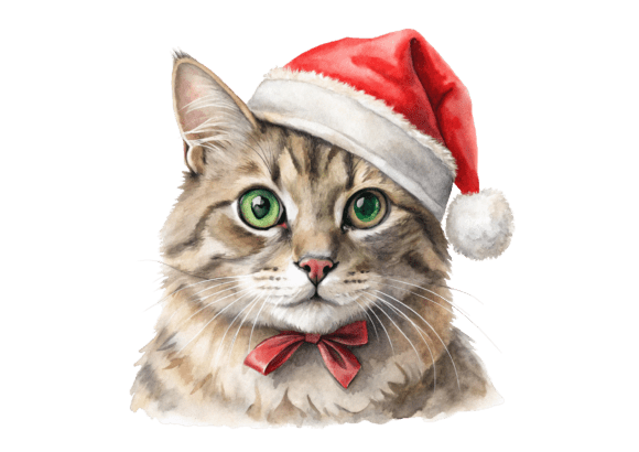Download Watercolor of Cat Wearing Santa Cap PNG - Cat Collection
