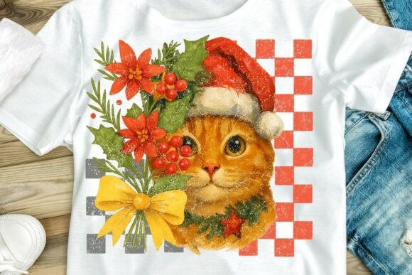 Download Vintage Floral Santa Cat PNG Clipart - Cat Collection
